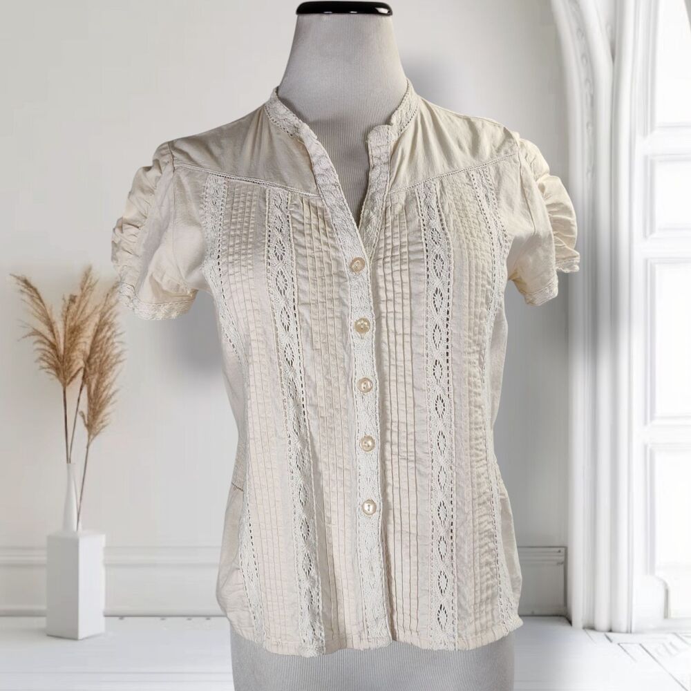 Naf Naf Ivory Cotton Top Size L Pintucks Crochet Lace Trim